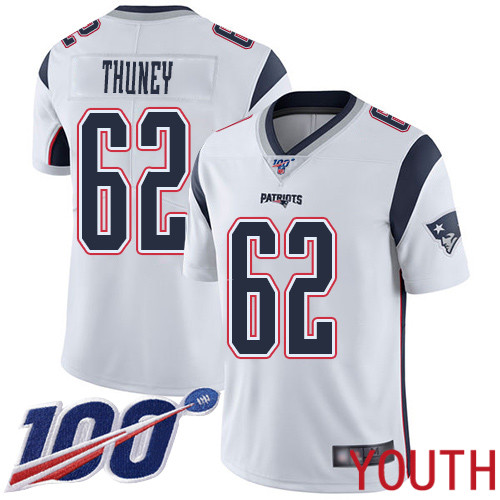 New England Patriots Football 62 Vapor Untouchable 100th Season Limited White Youth Joe Thuney Road NFL Jersey